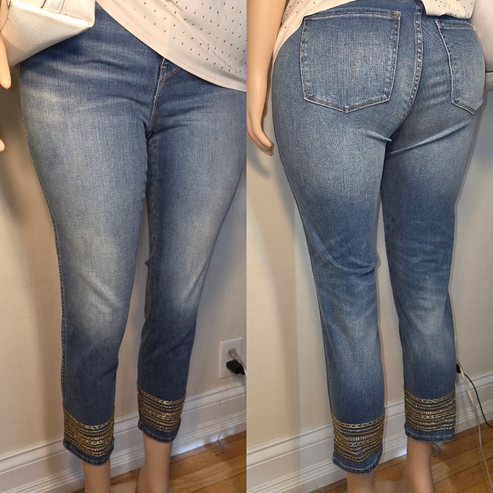 White House Black Market Capri Blue Jeans with Gold Accents